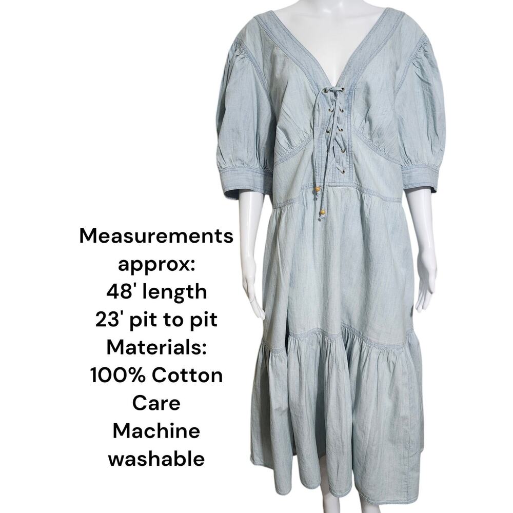 Lauren Ralph Lauren Black Label Chambray Puff-Sleeve Dress Plus Size 18W Pockets - Picture 2 of 15